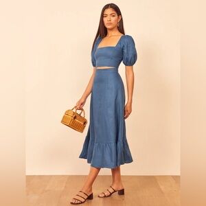 Reformation Blue Yucca Linen Top and Skirt Set Size 2